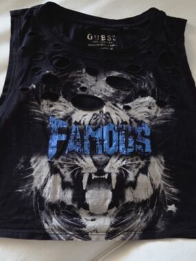 GUESS Women Ripped Cotton Graphic Famous Crop Top Size Extra Small
